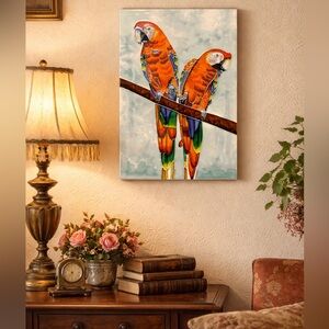 Benaya handcrafted tile art piece featuring two colorful parrots on a branch